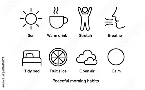 Morning wellness habits icons: sun, warm drink, stretching, breathing, tidy bed