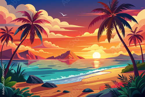 Tropical beach with palm trees during bright ocean sunrise and vibrant sunset colors, seamless beach scene with calm island atmosphere, warm horizon glow and 4K cinematic tropical landscape
