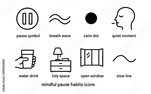 Mindful pause habits icons: simple symbols for calm and clarity in everyday life