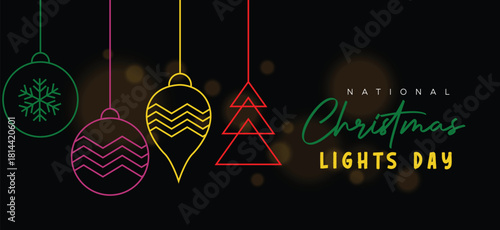 Celebrate Christmas Lights Day on December 1  illustration of colorful glowing trees with decorations and bold text on black background