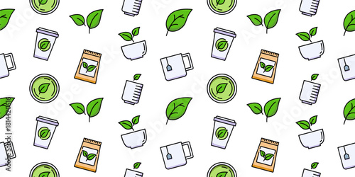 Seamless Green Tea Pattern: Matcha Drink and Herbal Leaves Background. Includes Tea Bag, Mug, Disposable Cup, and Bowl Icons for Cafe, Healthy Beverage, and Wellness Design