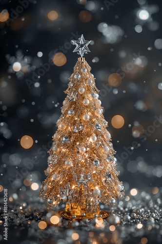 Beautiful Golden Christmas Tree Shines Brightly With Decorations in a Festive...