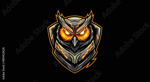 A close-up illustration of an owl's head mascot with glowing orange eyes against a black background.
