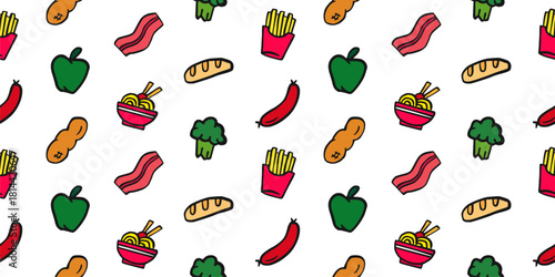 Seamless Food Mix Pattern: Colorful Doodle Background with Bacon, Fries, Noodle Bowl, Sausage, Apple, and Bread Icons. Ideal for Kitchen Decor, Restaurant Menu, and Healthy Eating Blog