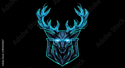 A blue neon head mascot of a deer with antlers and glowing eyes against a black background with a futuristic and mystical mood.