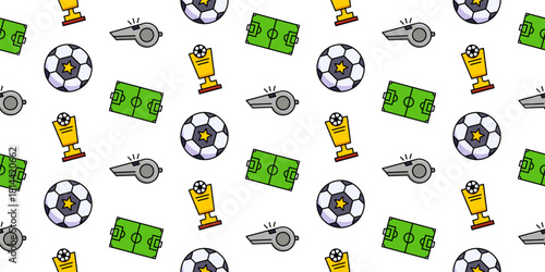 Seamless Soccer Tournament Pattern: Football Match Elements Background. Includes Ball, Golden Trophy Cup, Whistle, and Field Pitch for Sport Event, Kids, and Celebration Design
