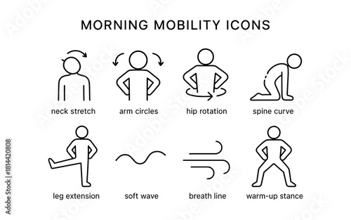 Morning exercise icons for mobility and flexibility in minimalist style