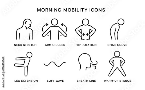 Morning mobility routine icon set for stretching and exercise awareness