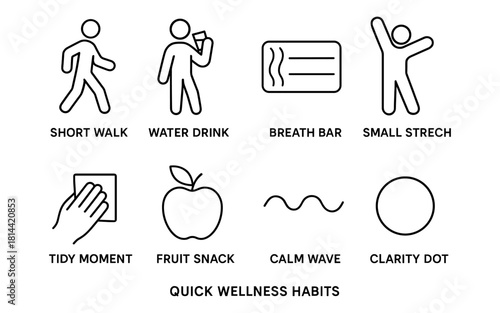 Simple wellness icons for healthy habits and relaxation activities