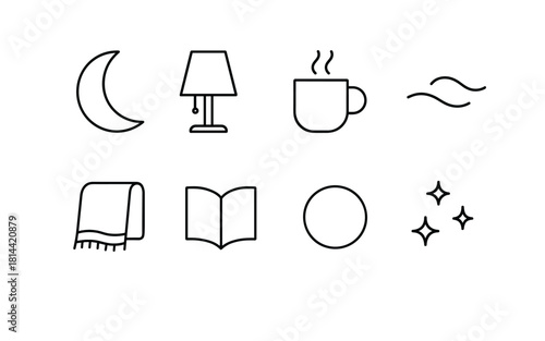 Minimalist line icons of nighttime essentials and relaxation items