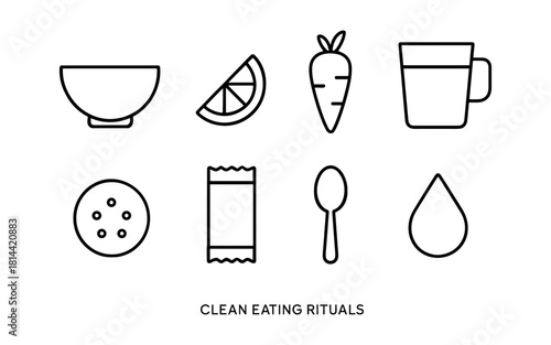 Minimalist icons representing clean eating habits and kitchen utensils