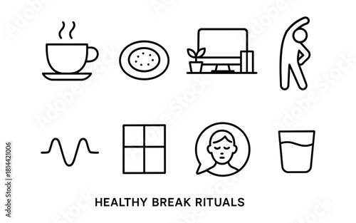 Healthy break rituals: coffee, snacks, workspace, and exercise icons in outline style