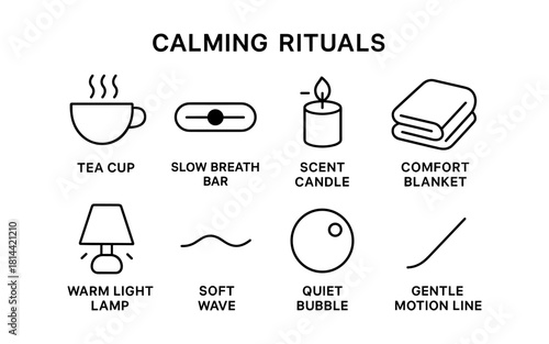 Minimalist calming rituals icons: tea, candle, blanket, lamp, and more