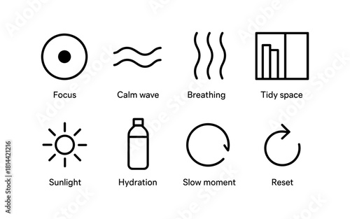 Minimalist wellness icons for focus, calm, and balance