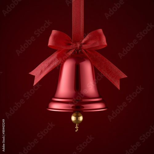 Bright Red Holiday Bell With a Bow Hanging Against a Deep Red Background