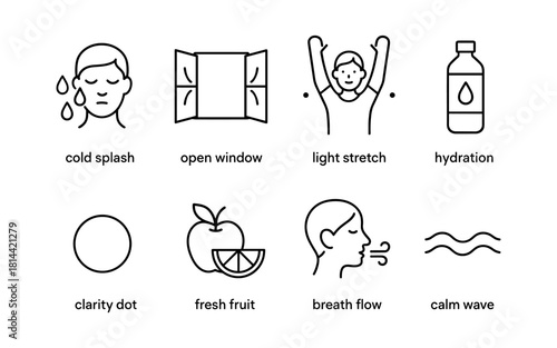 Daily wellness icons set: self care and relaxation line art collection