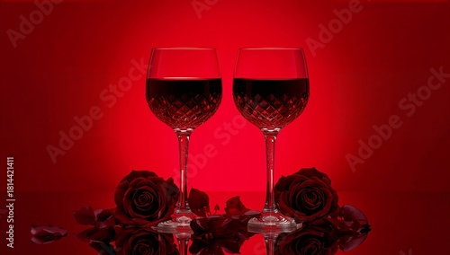 Romantic Scene With Red Wine Glasses and Roses on a Vibrant Red Background
