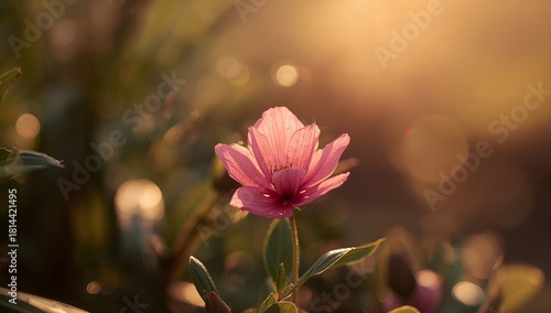 Pink Flower Blooming in the Soft Light of Sunset in a Natural Garden Setting