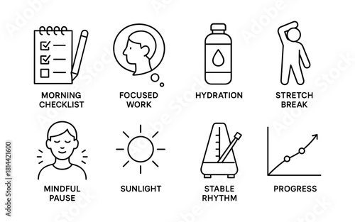 Daily productivity icons featuring minimal line art for health and efficiency