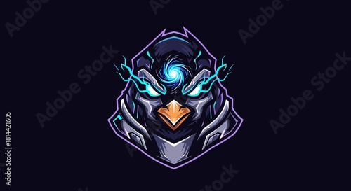 A futuristic head mascot with glowing blue eyes and metallic feathers against a dark background with neon accents and a sleek design.