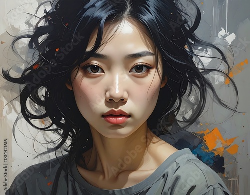 Serene Asian Woman Portrait with Artistic Watercolor Brushstroke Background