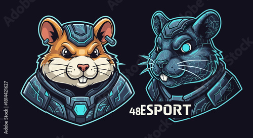 Illustration of a hamster and a rat head mascot in futuristic esports team logos on a black background with neon blue accents.