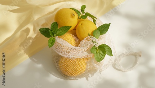 Yellow Lemons With Fresh Mint in a Mesh Bag Set on a Light Background in the ...