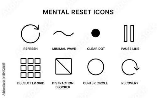 Minimalist mental reset icons featuring simple geometric symbols and shapes