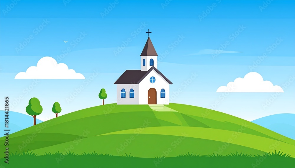 Naklejka premium Peaceful Hilltop Church on a Sunny Day.