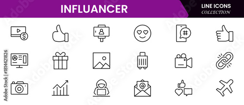 Influencer and blogging line icons collection. Big UI icon set in a flat design. Thin outline icons pack. Vector illustration