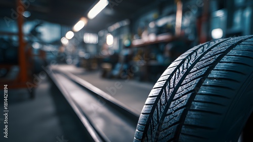 Close up of a deep tread tire in an automotive garage