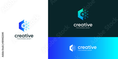 Modern cube hexagonal with dots and lines connected structure in tech network system, logo design ideas. Creative vector illustration based icons template.
