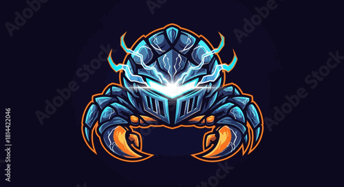 A vibrant, cartoon-style illustration of a blue and orange crab head mascot with glowing eyes on a dark background.