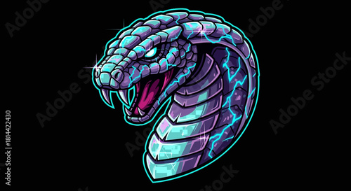 Digital illustration of a purple and blue snake head mascot with an open mouth against a black background, showcasing vibrant scales and a menacing expression in a graphic design style.