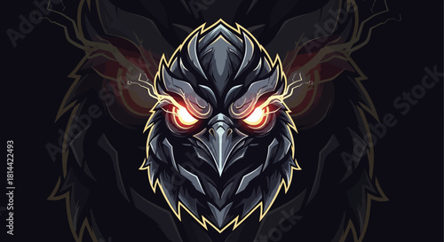 A close-up illustration of a menacing head mascot with glowing red eyes and sharp feathers on a dark background with fiery details.