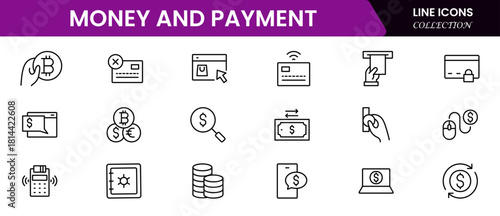 Money and payment are simple, minimal, thin line icons. Related money, credit card, atm, purchase, bill. Editable stroke. Vector illustration.