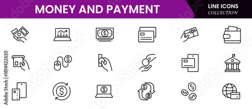 Money and payment are simple, minimal, thin line icons. Related money, credit card, atm, purchase, bill. Editable stroke. Vector illustration.