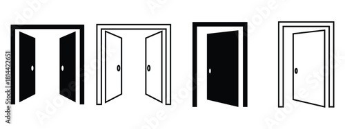 Door Icons Set – Open, Close, Login & Logout, Emergency Exit Vector Symbols in Modern Flat Style