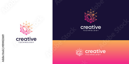 Modern triangular arrow technology logo design inspirations. interconnected dot and line structure in tech network system, icons symbols.