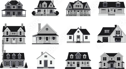 PrintMonochrome Vector Set of Suburban Family Homes, Gray and White Residential Houses with Gable Roofs for Real Estate and Architecture
