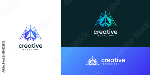Modern triangular arrow technology logo design inspirations. interconnected dot and line structure in tech network system, icons symbols.