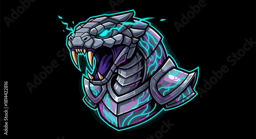 A digital illustration of a menacing snake head mascot with sharp teeth and armor on a black background with neon blue and pink accents.