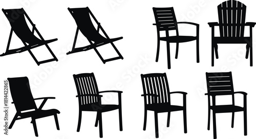 PrintOutdoor Garden and Beach Chair Silhouettes Vector, Deck Chair, Folding, and Adirondack Furniture Icons for Summer Design