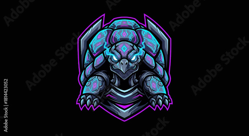 A futuristic head mascot with a robotic design and neon purple outline against a black background with a menacing expression and blue purple metallic tones.