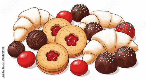 An assortment of pastries including croissants cookies chocolate truffles and red candy balls shown together