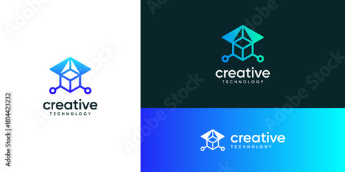 Combination of cube hexagonal with triangular arrow technology network system. logo design icon symbol.