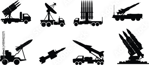 PrintSelf-Propelled Missile Artillery and Radar Silhouettes Vector, Mobile Defense Systems and Launch Vehicles for Security and Threat Graphics