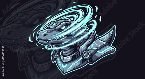 A futuristic robotic head mascot with neon blue glowing lines and metallic details against a dark background.