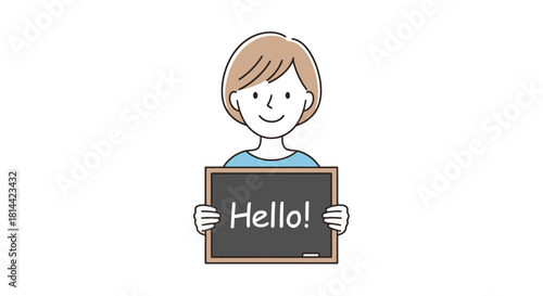 Illustration of a smiling woman holding a 'Hello!' sign, perfect for greeting or introduction, friendly design