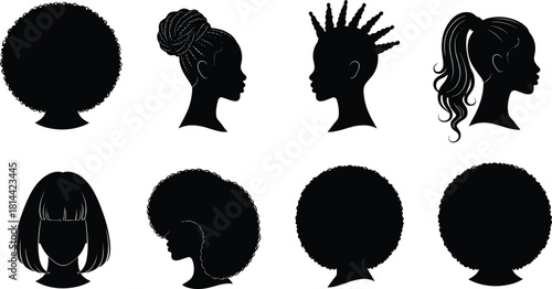 PrintSet of Black Women Hair Silhouettes Vector, Natural and Diverse Hairstyles, Afro, Updo, Dreadlocks Profile View Icons for Beauty